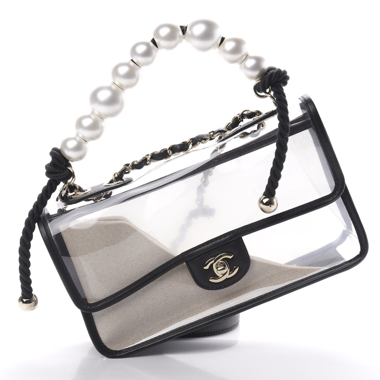 Lambskin PVC Sand By The Sea Flap With Pearl Strap Black