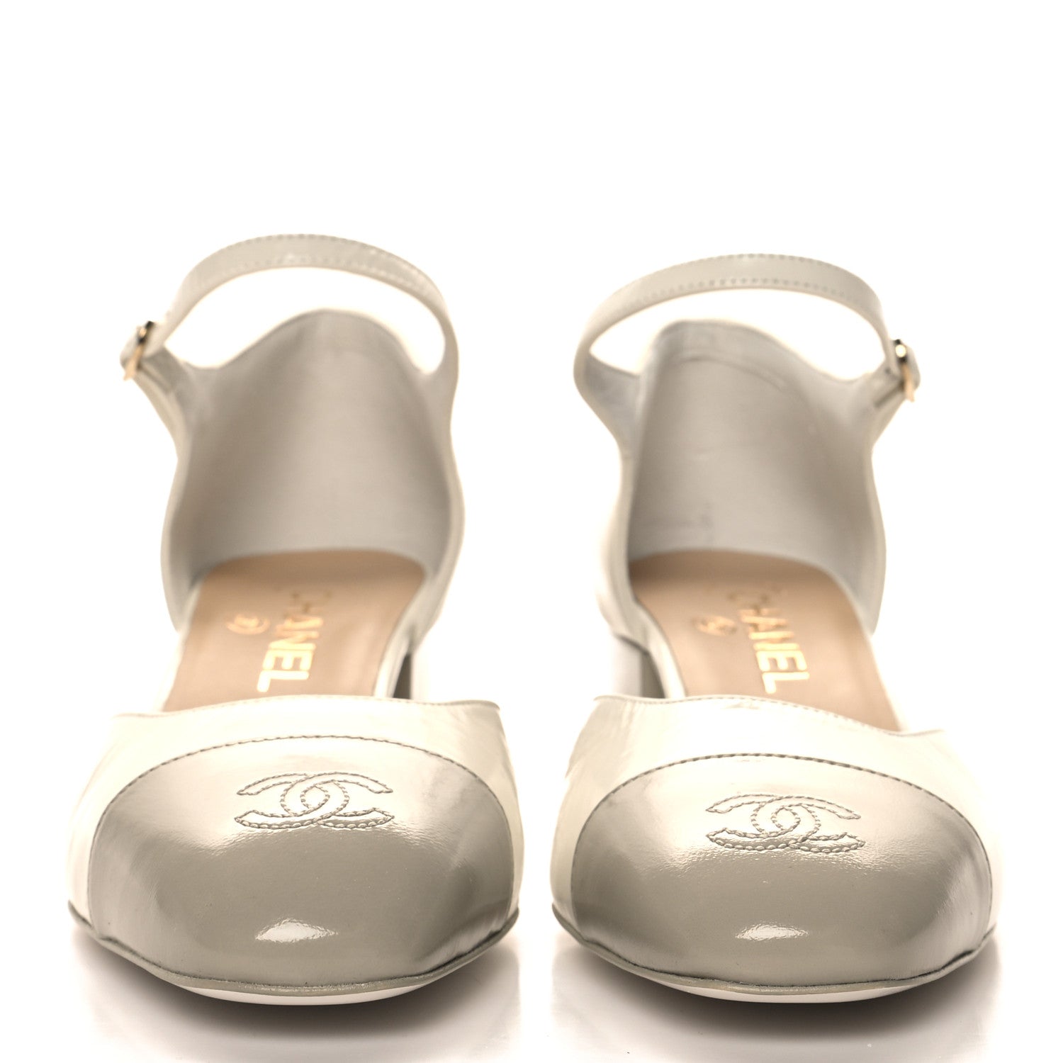 Chanel Shiny Lambskin CC Cap Toe Mary Janes Pumps 40 White Light Beige 3 of 10