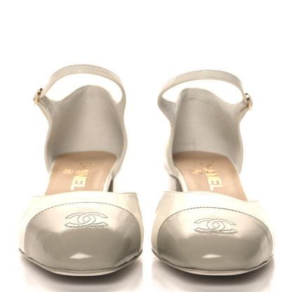 Chanel Shiny Lambskin CC Cap Toe Mary Janes Pumps 40 White Light Beige 3 of 10
