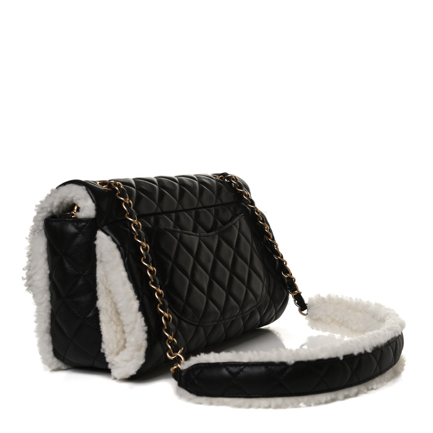 Lambskin Shearling Large CC Flap Bag Black White