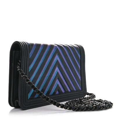 Chanel Calfskin Painted Chevron Embossed Boy Wallet On Chain WOC Black 3 of 11