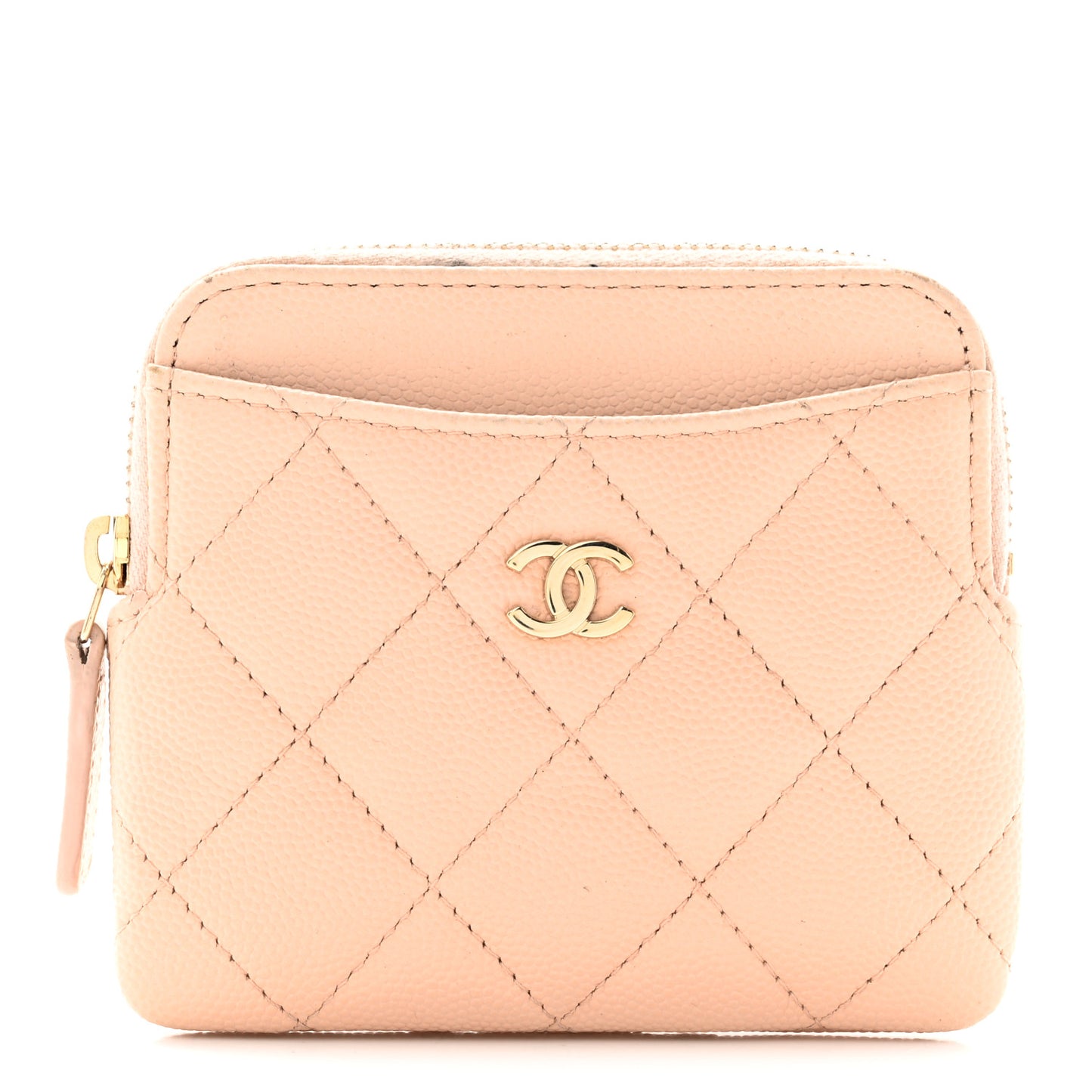 Caviar Quilted Zip Card Holder Wallet Light Beige