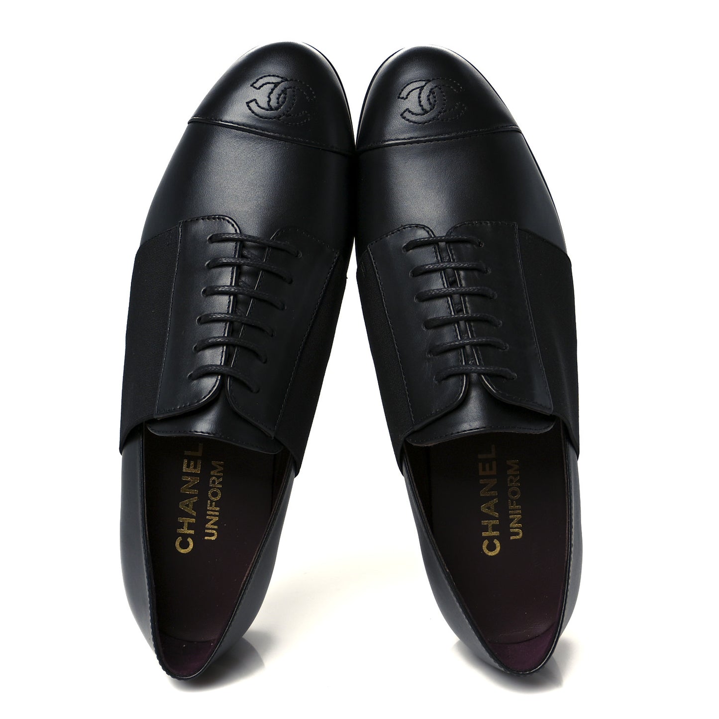 Calfskin Elastic Lace Up Cap Toe CC Loafers 38 Black