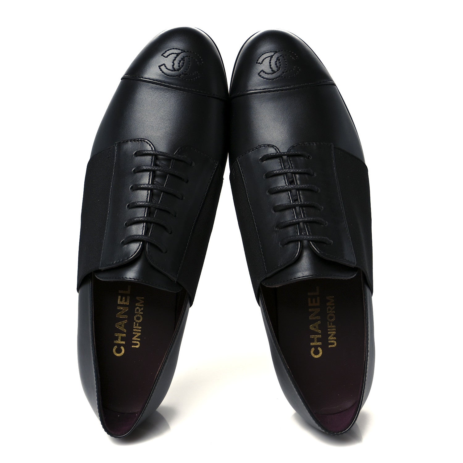 Chanel Calfskin Elastic Lace Up Cap Toe CC Loafers 38 Black 2 of 9