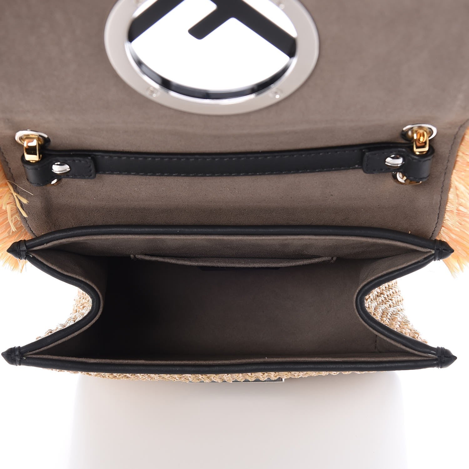 Fendi Raffia Vitello Century F is Fendi FF Embroidered Fringe Small Kan I Shoulder Bag Natural Black 6 of 7