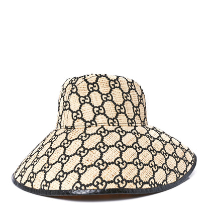 Gucci Raffia Elaphe GG Monogram Embroidered Wide Brim Hat Small Ivory Black 1 of 8