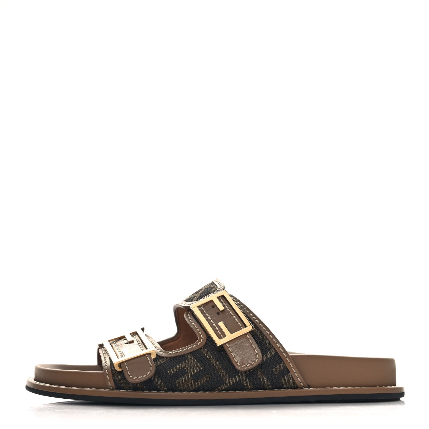 Fendi Fabric Jacquard Nappa FF Womens Fendi Feel Buckled Slide Sandals 40 Tobacco Black Miele Scuro 1 of 10