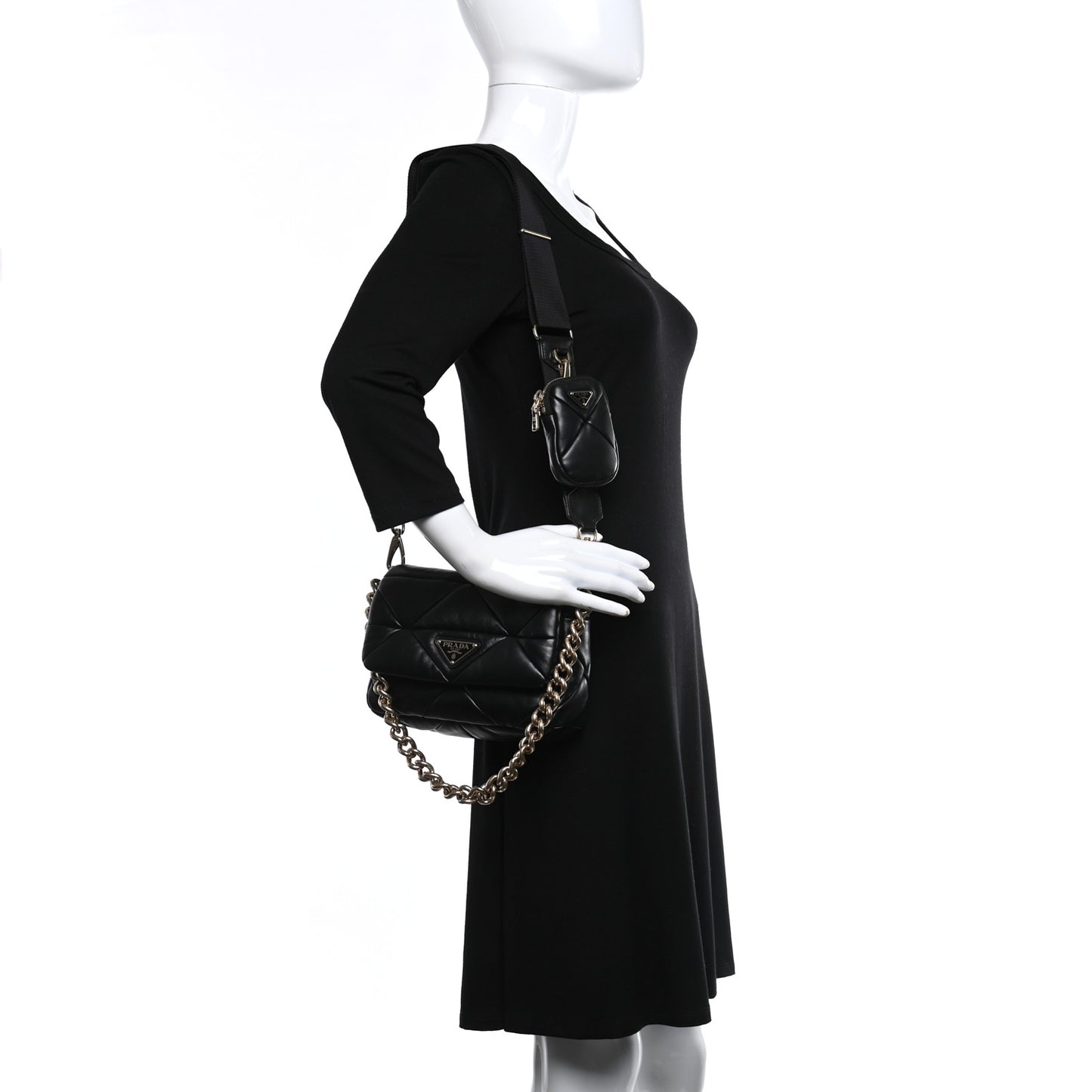 Nappa Re-Nylon Triangle Quilted Patchwork System Flap Shoulder Bag Black