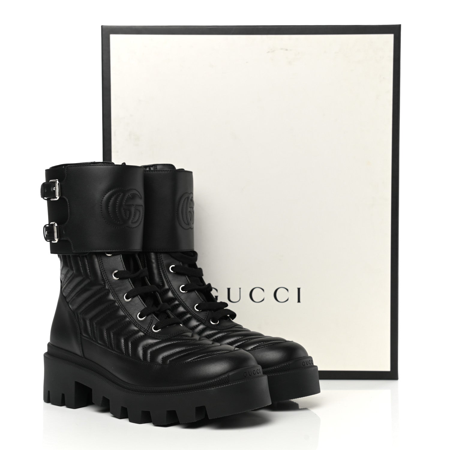 Gucci Nappa Frances GG Matelasse Platform Combat Boots 39 Black 9 of 9