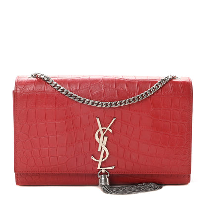 Saint Laurent Calfskin Crocodile Embossed Medium Classic Monogram Kate Tassel Satchel New Red 1 of 9