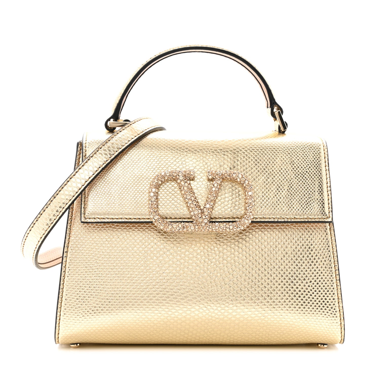 Metallic Calfskin Crystal Snake Embossed Mini VSling Top Handle Bag Gold