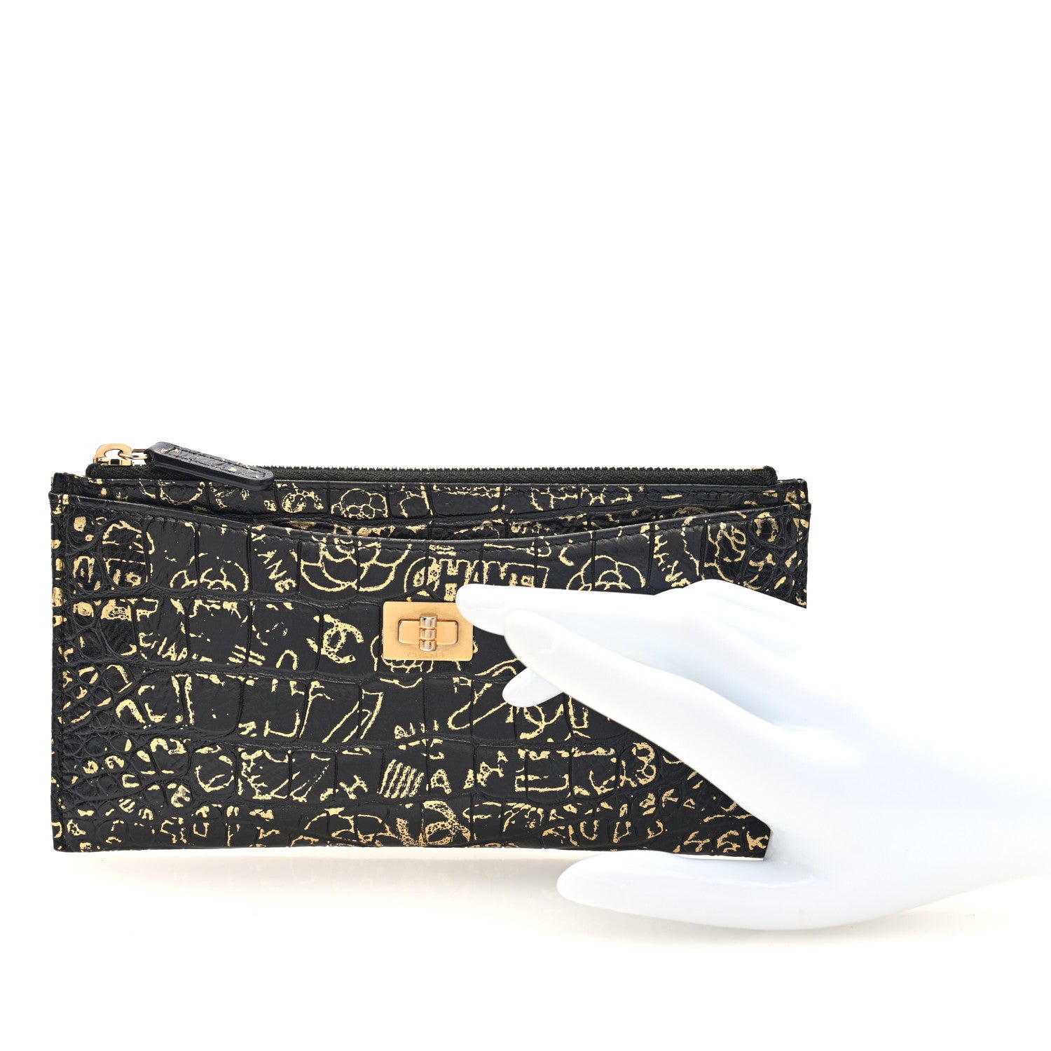 Chanel Calfskin Crocodile Embossed Graffiti 2.55 Cocodile Reissue Zip Pouch Black Gold 2 of 7