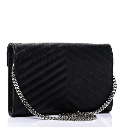 Saint Laurent Grain De Poudre Matelasse Chevron Monogram Chain Wallet Black 2 of 4