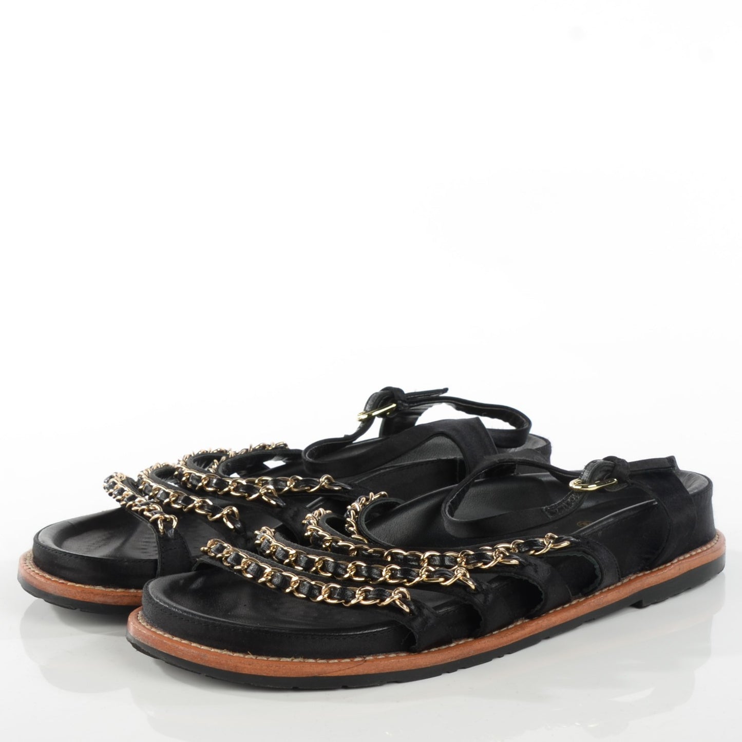Satin Lambskin Chain Flat Sandals 37 Black