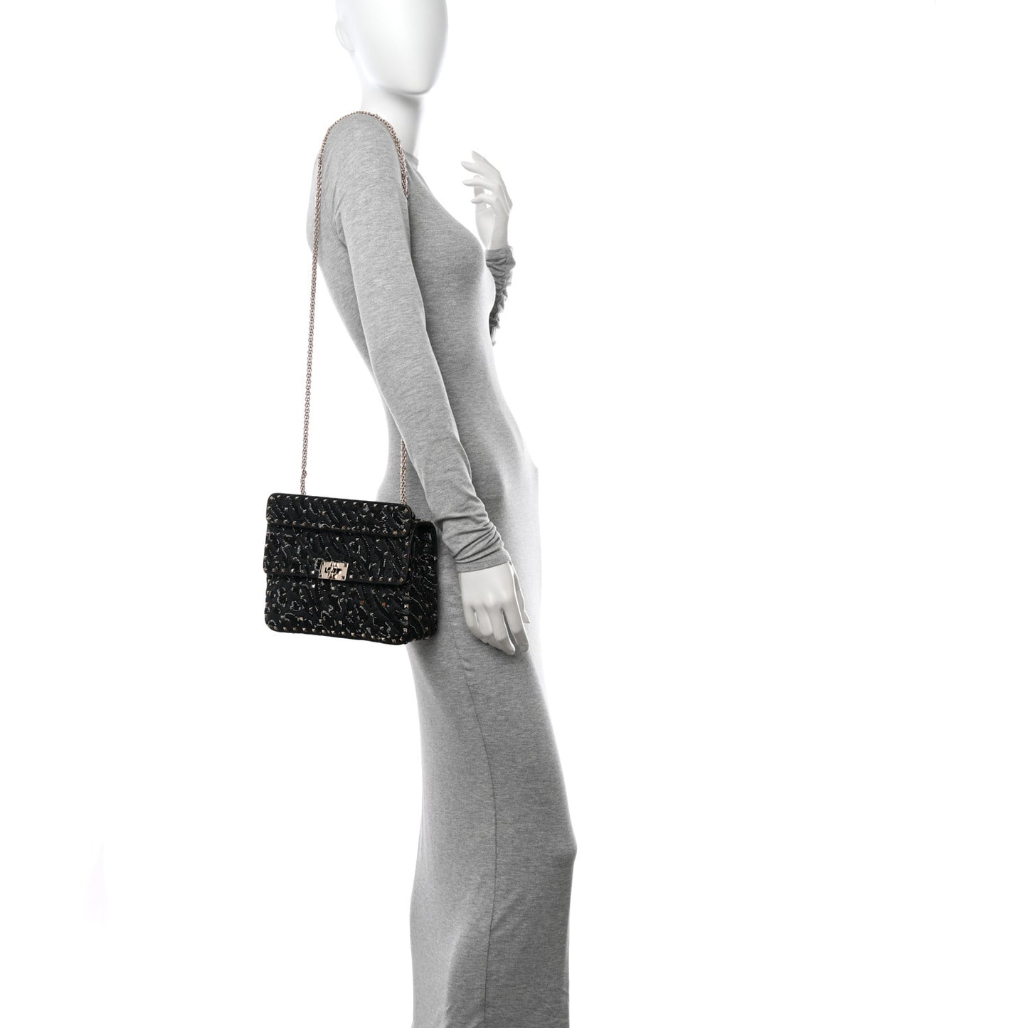 Lambskin Sequin Medium Rockstud Spike Shoulder Bag Black