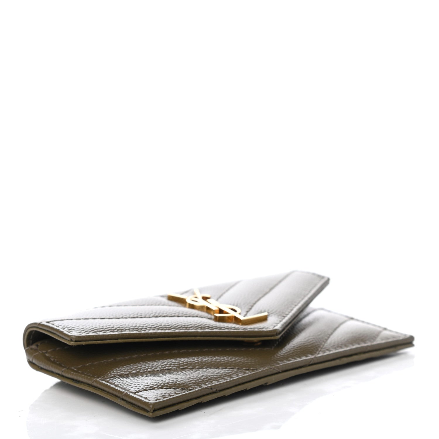 Saint Laurent Grain De Poudre Matelasse Chevron Monogram Compact Wallet Khaki 3 of 4