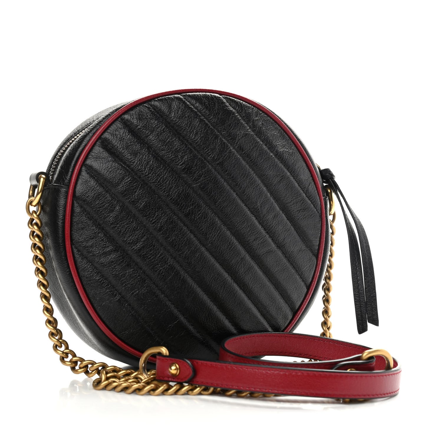 Vintage Effect Calfskin Matelasse Diagonal Mini Torchon GG Marmont Round Shoulder Bag Black Romantic Cherry
