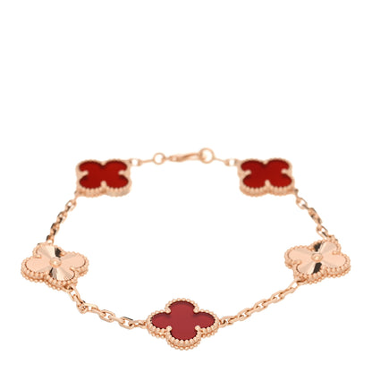 Van Cleef & Arpels 18K Rose Gold Carnelian 5 Motifs Guilloche Vintage Alhambra Bracelet 1 of 5