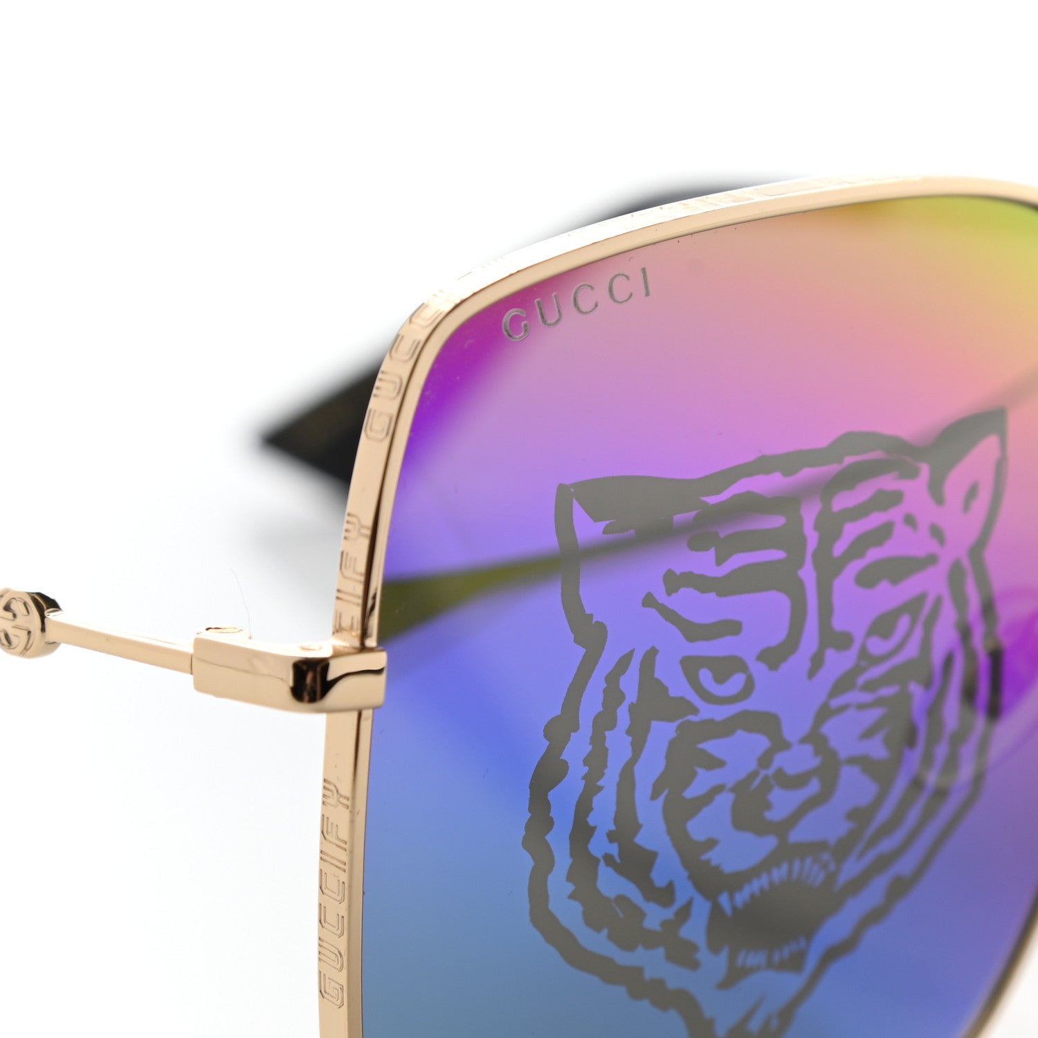 Gucci Metal Rectangular Frame Tiger Print Sunglasses GG0414S Gold 8 of 8