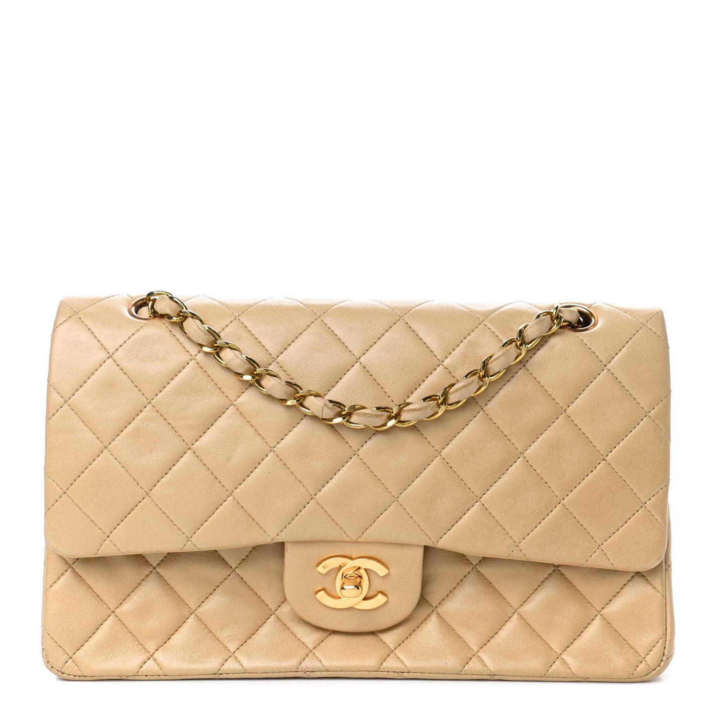Lambskin Quilted Medium Double Flap Beige