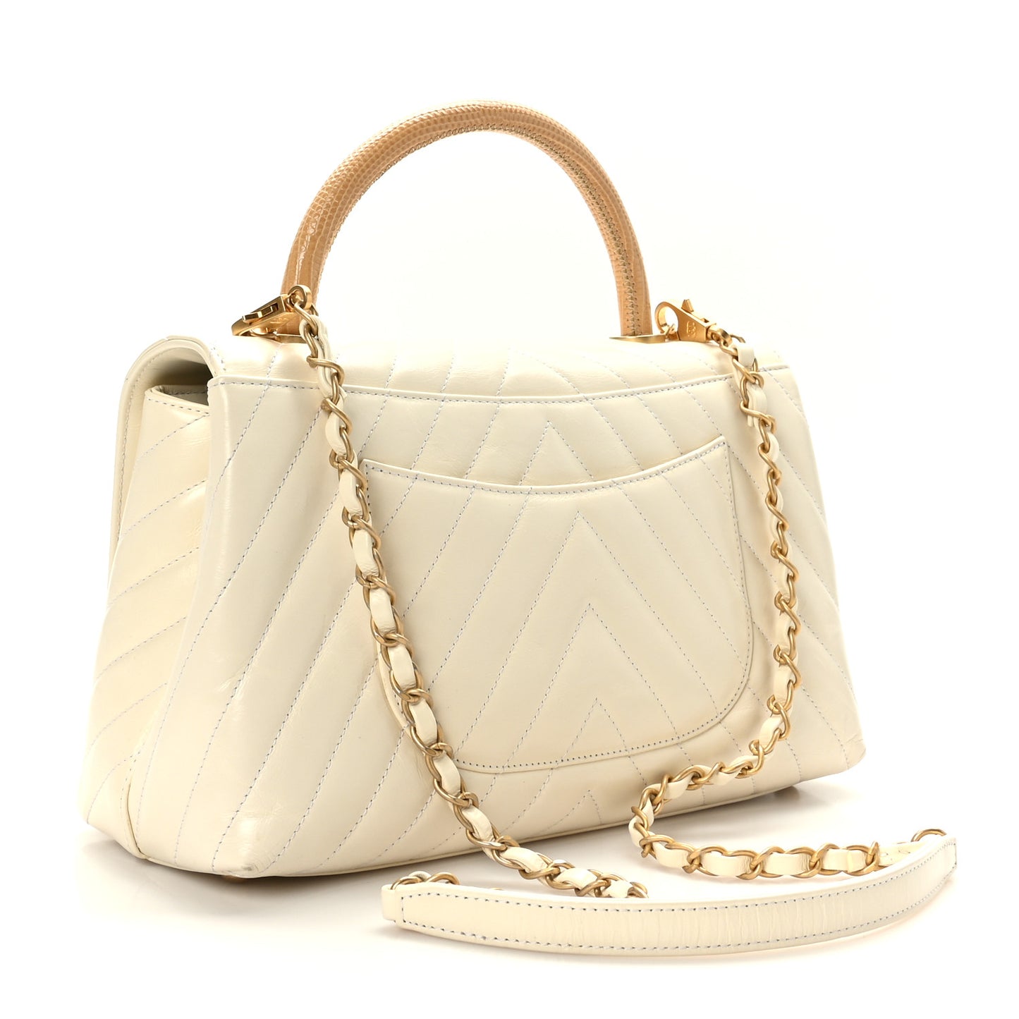 Calfskin Lizard Chevron Quilted Small Coco Handle Flap Ivory