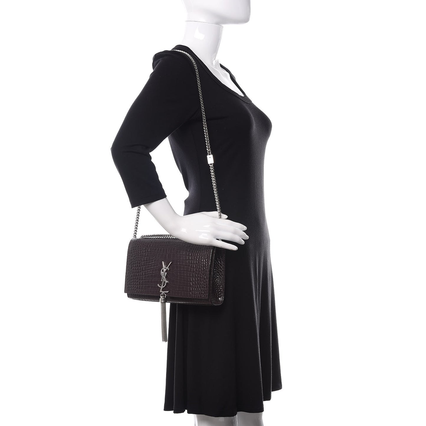 Calfskin Crocodile Embossed Medium Classic Monogram Kate Tassel Satchel Amaranto