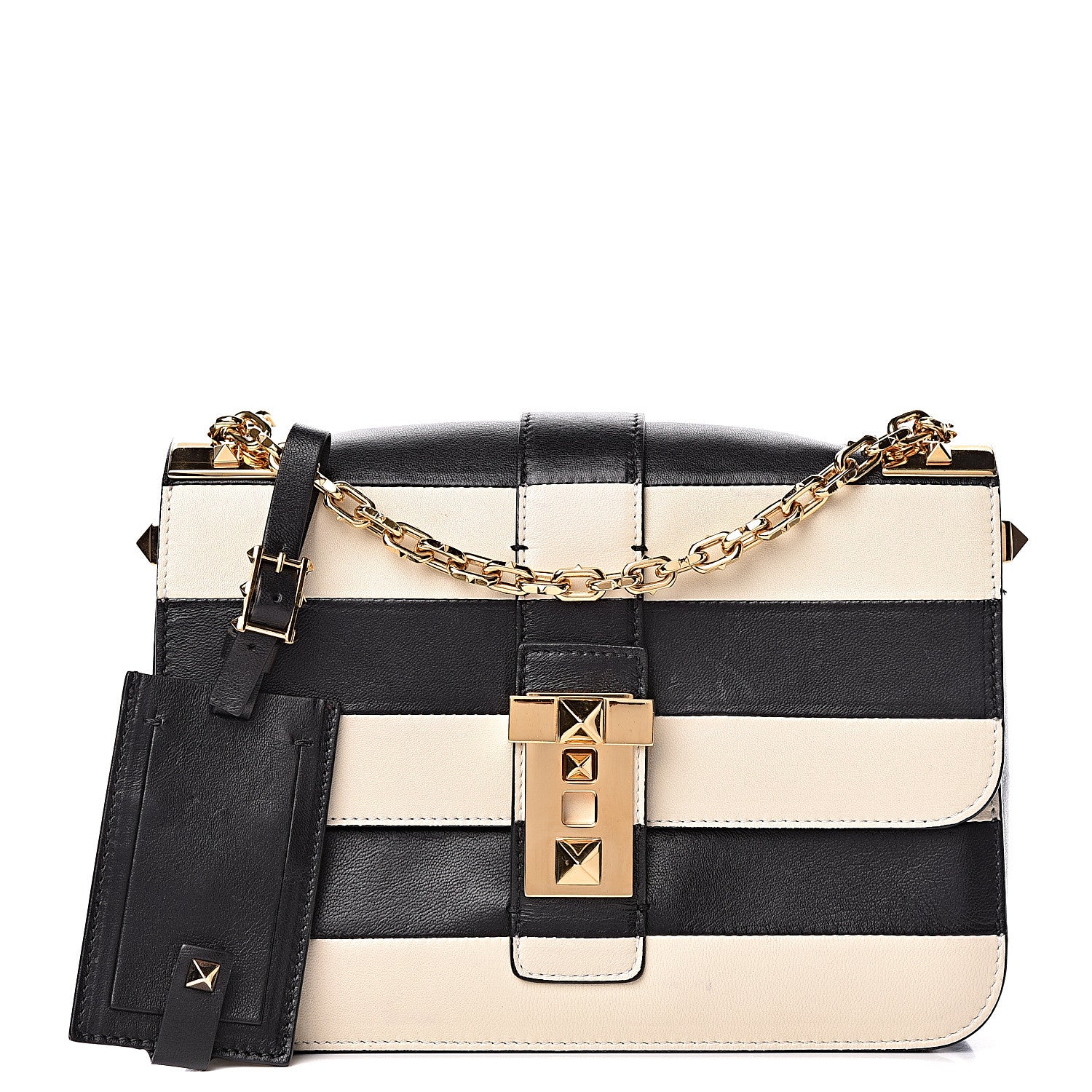 Valentino Garavani Nappa Striped B-Rockstud Flap Black Light Ivory 1 of 21