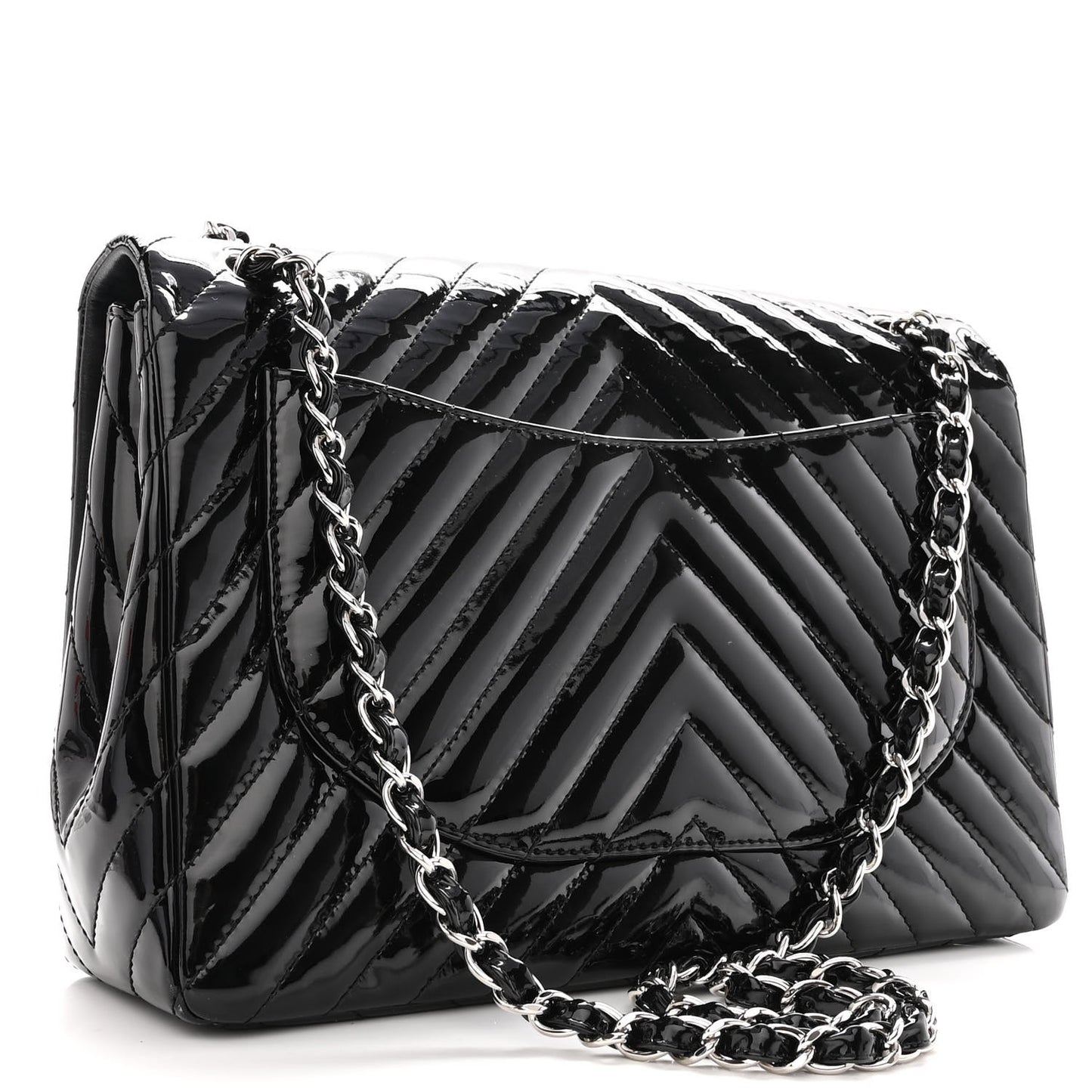 Patent Chevron Quilted Maxi Single Flap Black