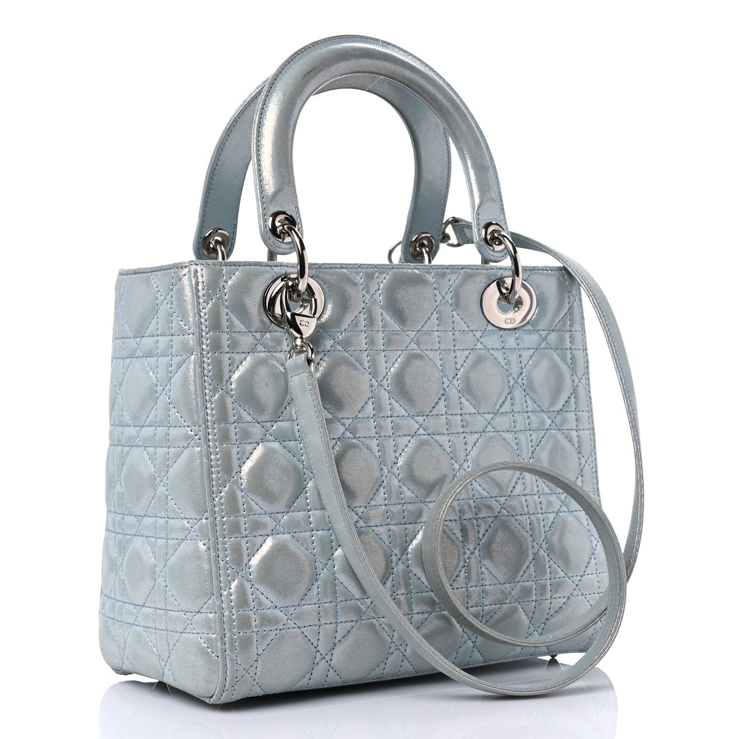 Christian Dior Metallic Lambskin Cannage Medium Lady Dior Light Blue 3 of 18