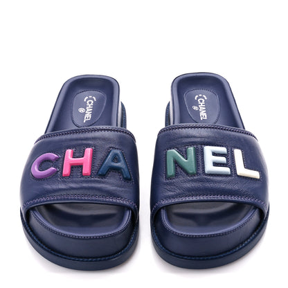 Chanel Lambskin Cha-Nel Mule Sandals 38 Navy Multicolor 2 of 8
