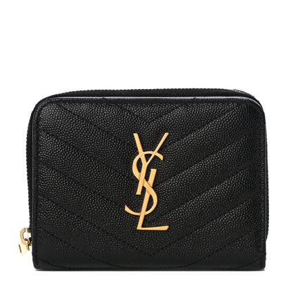 Saint Laurent Grain De Poudre Matelasse Chevron Monogram Compact Zip Around Wallet Black 1 of 11