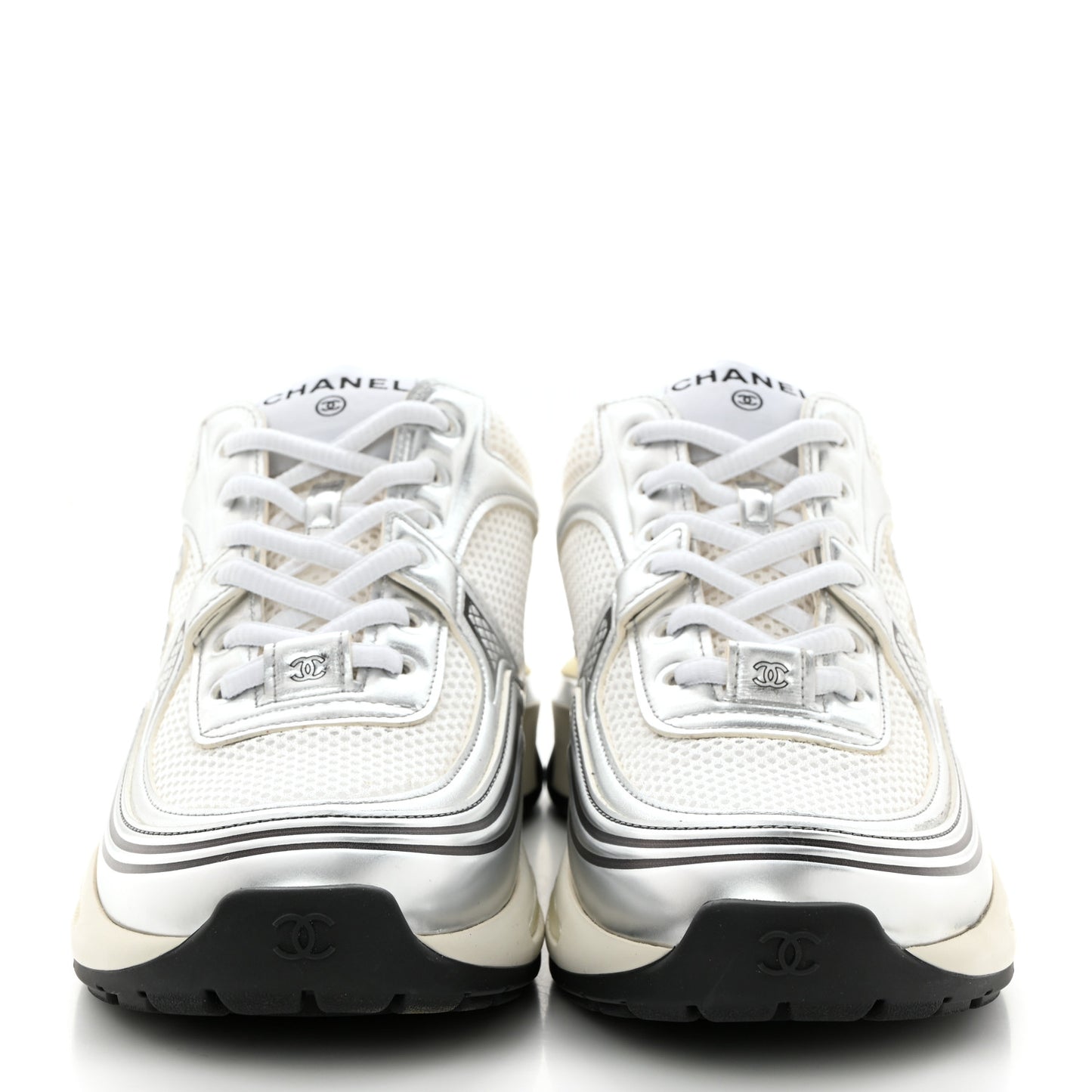 Fabric Laminated Calfskin Stretch CC Sneakers 38.5 White Silver