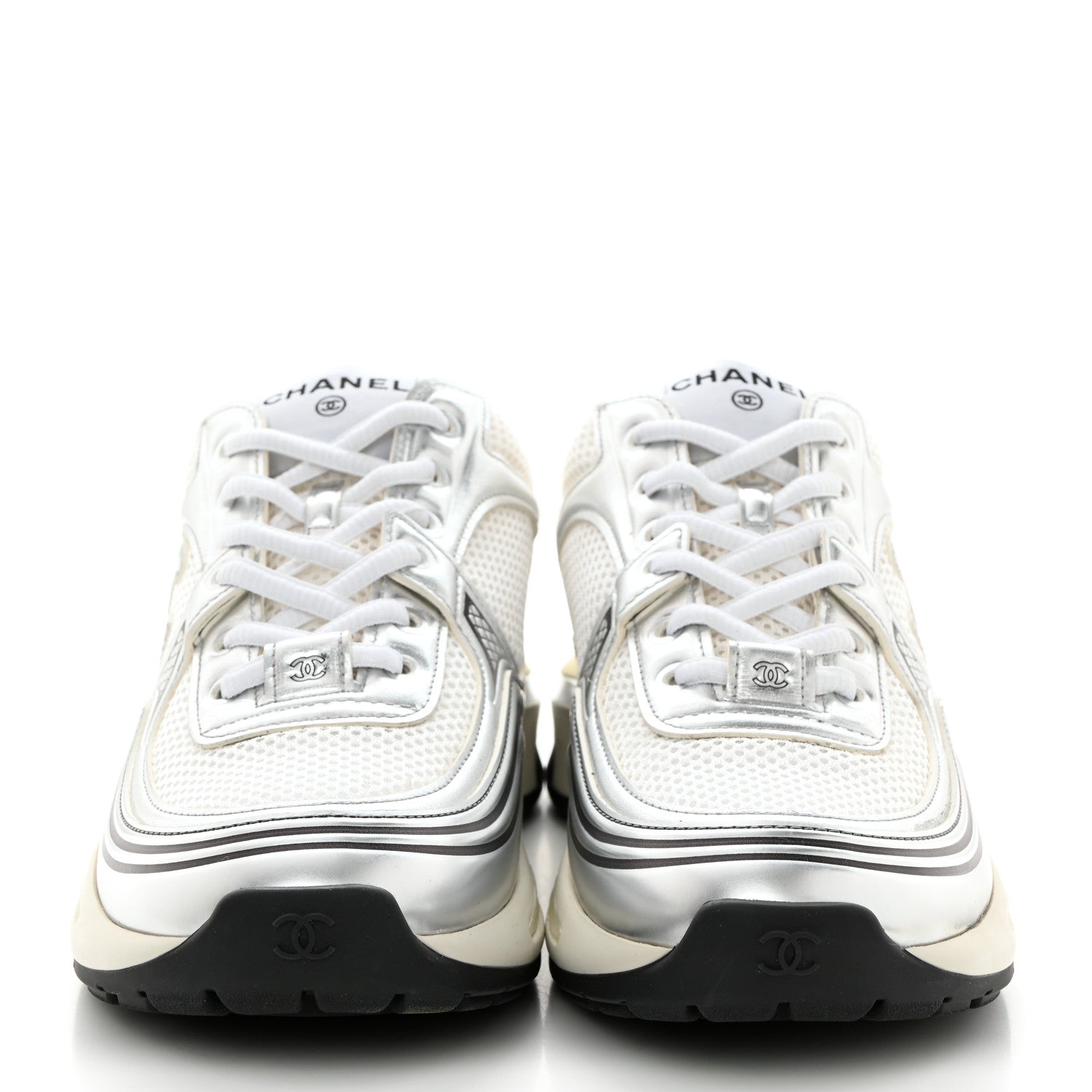 Chanel Fabric Laminated Calfskin Stretch CC Sneakers 38.5 White Silver 2 of 11