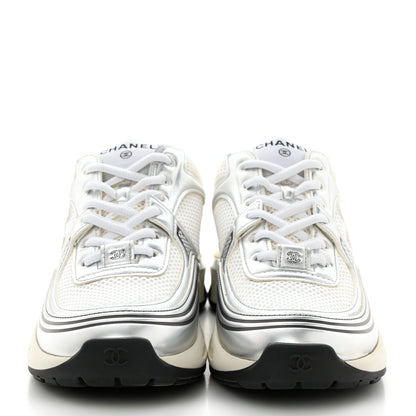 Chanel Fabric Laminated Calfskin Stretch CC Sneakers 38.5 White Silver 2 of 11