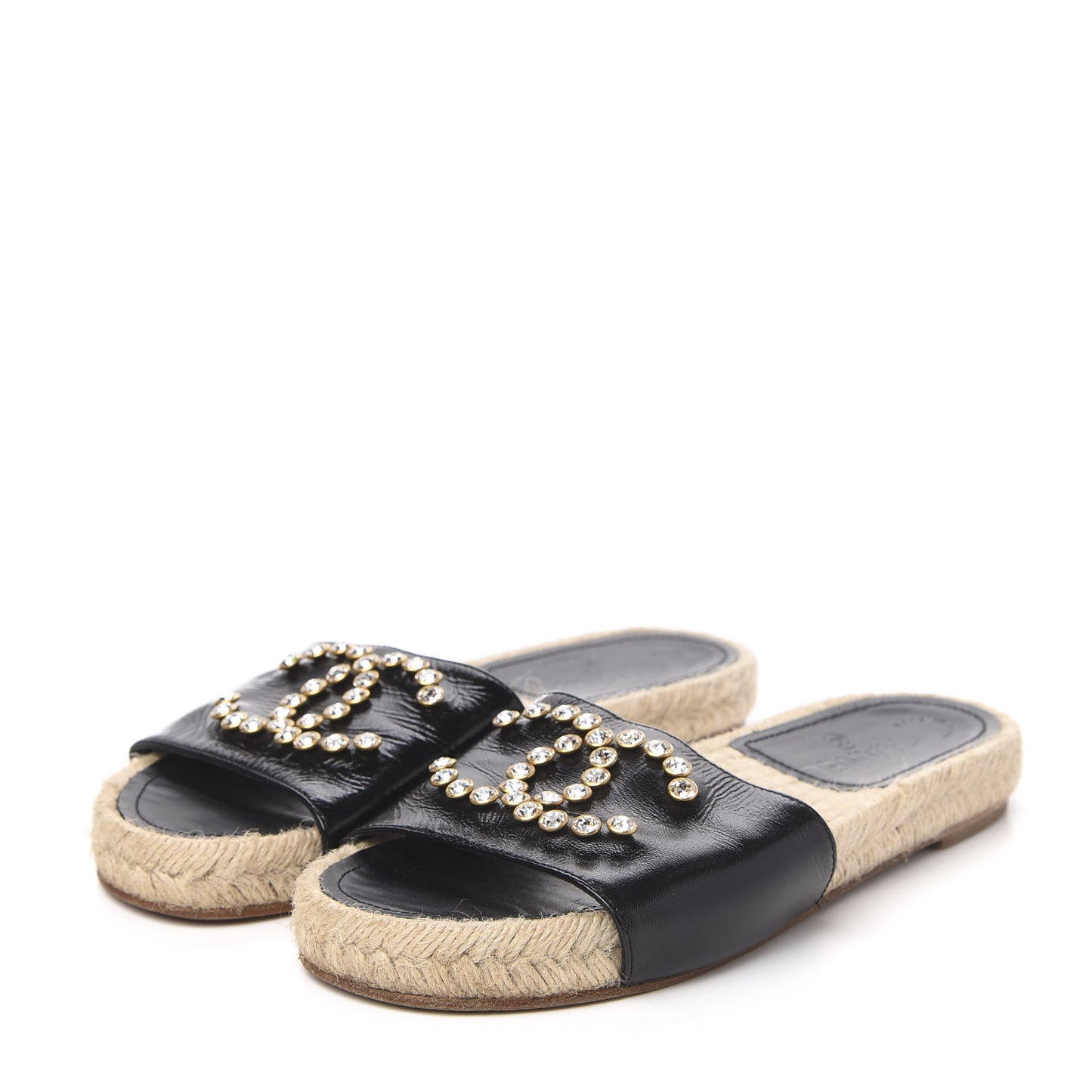 Patent Calfskin Crystal CC Espadrille Slip On Sandals 37 Black