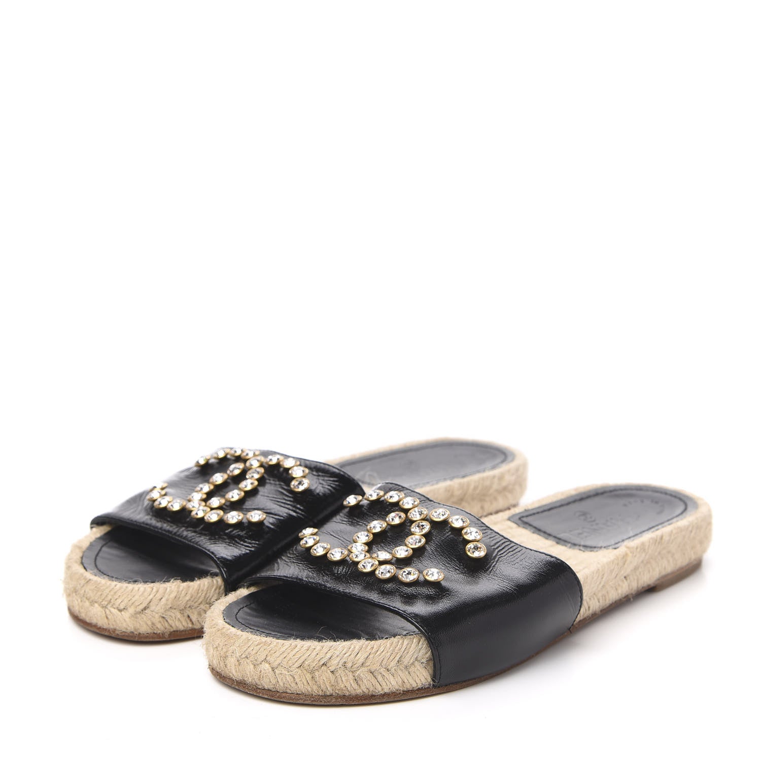 Chanel Patent Calfskin Crystal CC Espadrille Slip On Sandals 37 Black 3 of 9