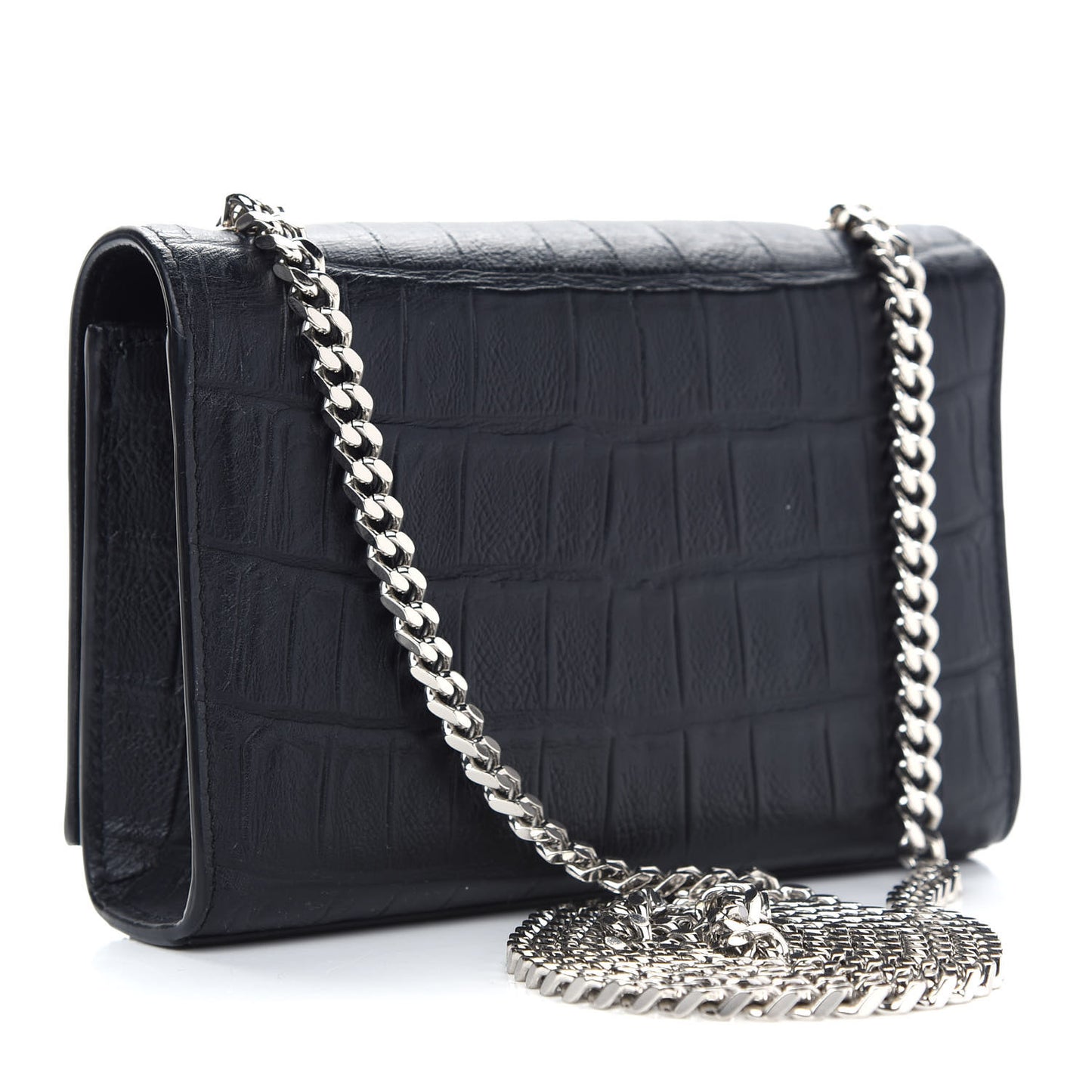 Calfskin Crocodile Embossed Small Classic Monogram Kate Tassel Satchel Black