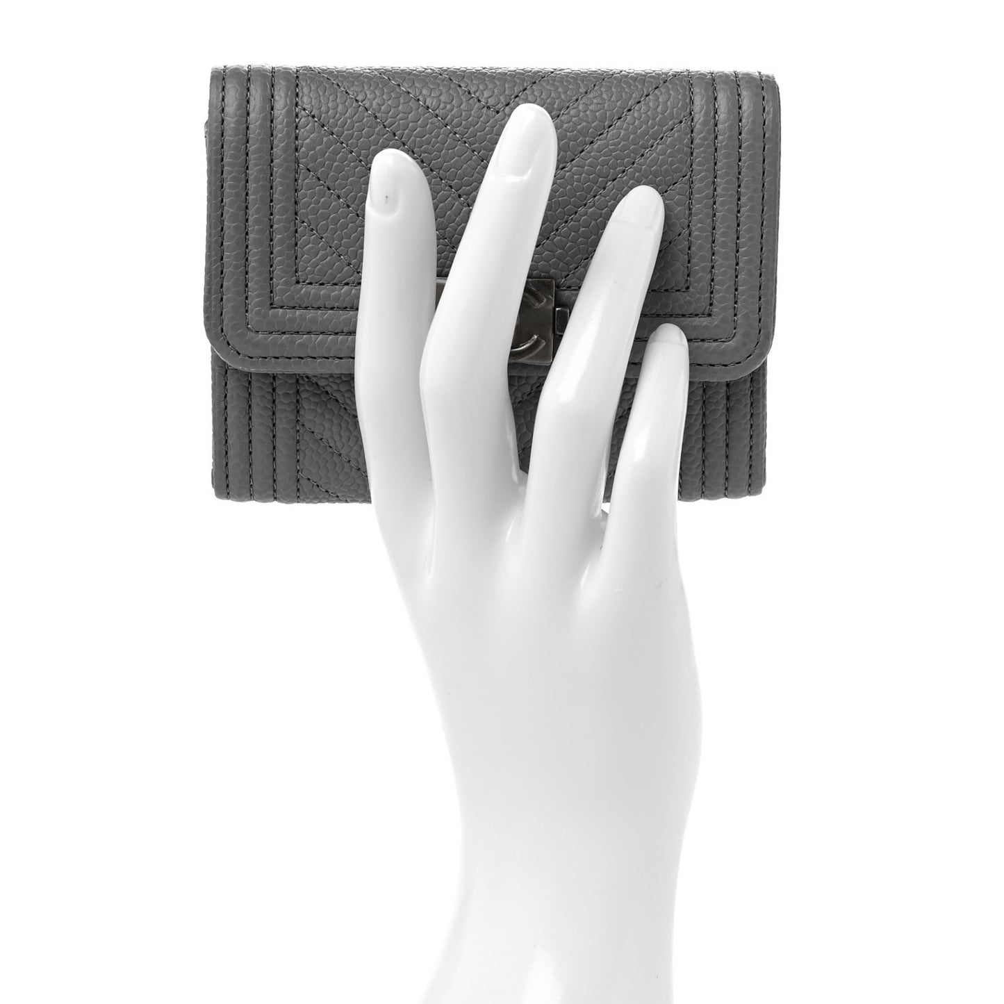Caviar Chevron Quilted Boy Card Holder Wallet Grey