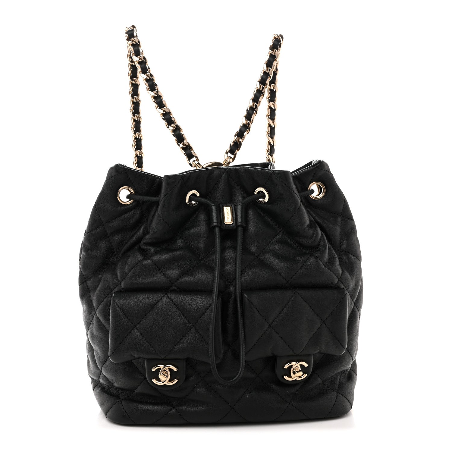 Chanel Lambskin Quilted Double Pocket Drawstring Backpack Black 1 of 10