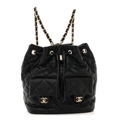 Chanel Lambskin Quilted Double Pocket Drawstring Backpack Black 1 of 10