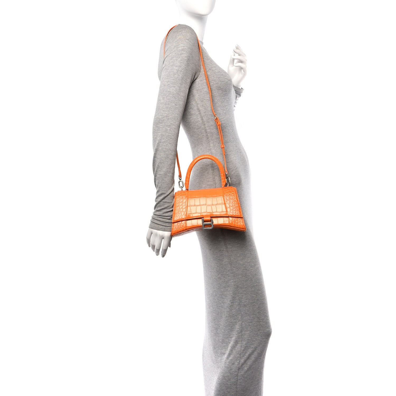 Balenciaga Shiny Calfskin Crocodile Embossed Small Hourglass Top Handle Bag Pop Orange 2 of 12
