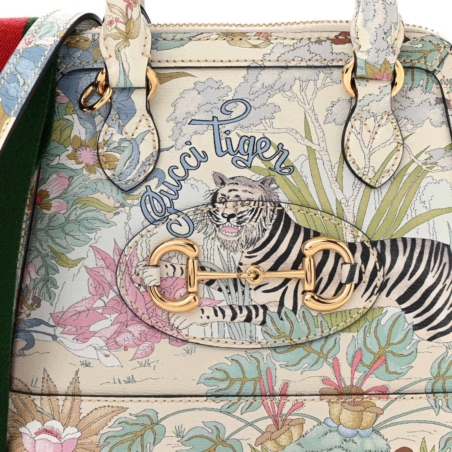 Gucci New Shangai Calfskin Tiger Savanah Web Mini Horsebit 1955 Top Handle Bag Chalky White Multicolor 8 of 10