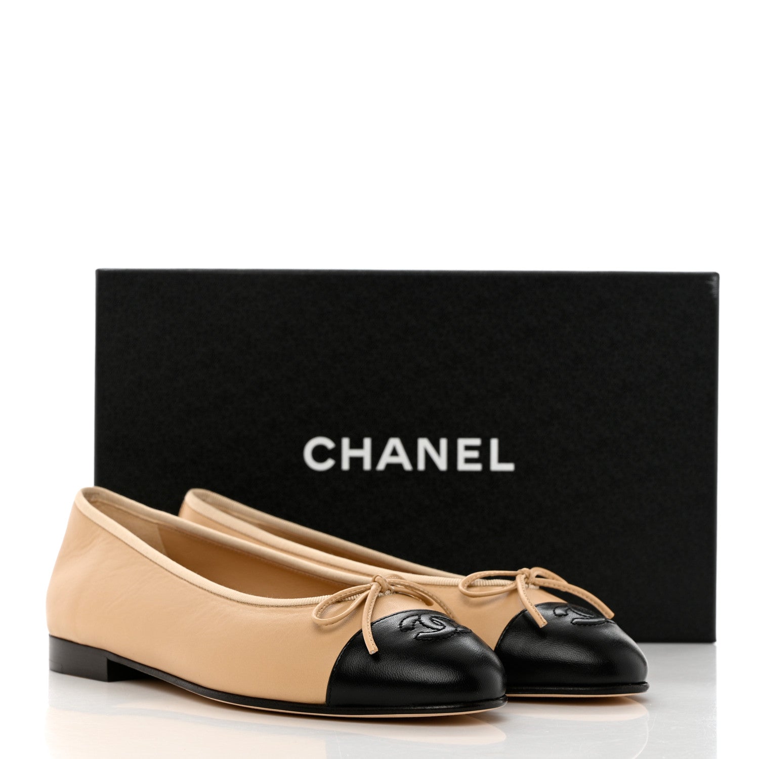 Chanel Lambskin Cap Toe CC Ballerina Flats 37 Beige Black 9 of 9