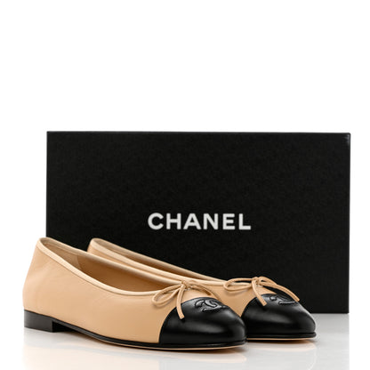 Chanel Lambskin Cap Toe CC Ballerina Flats 37 Beige Black 9 of 9