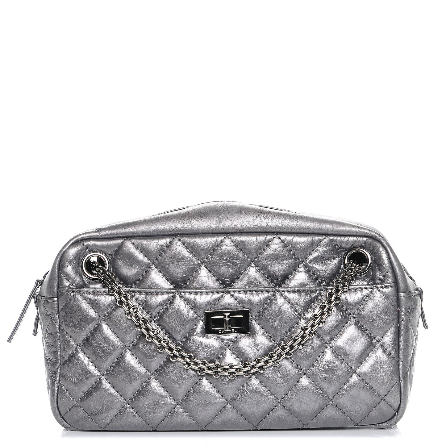 Metallic Aged Calfskin Quilted Small Reissue Camera Case Dark Silver