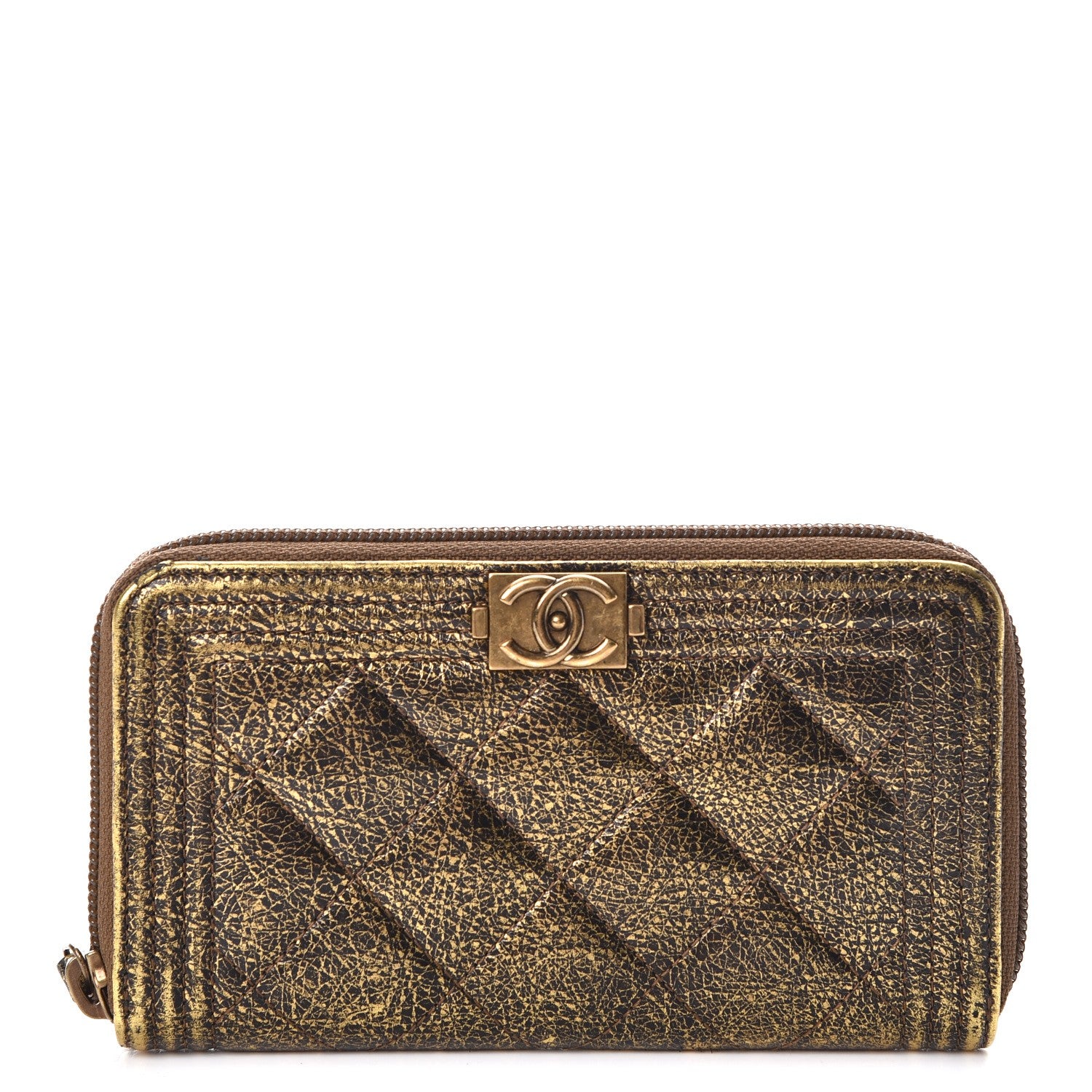 Chanel Cracked Metallic Calfskin Quilted Small Boy Zip Around Wallet Gold 1 of 8