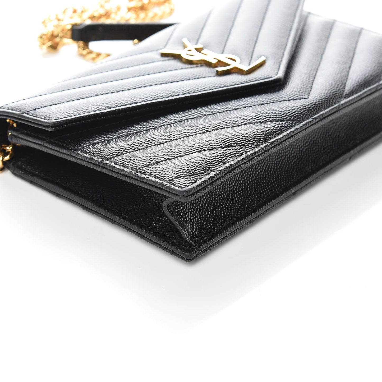 Grain De Poudre Matelasse Chevron Monogram Envelope Chain Wallet Black