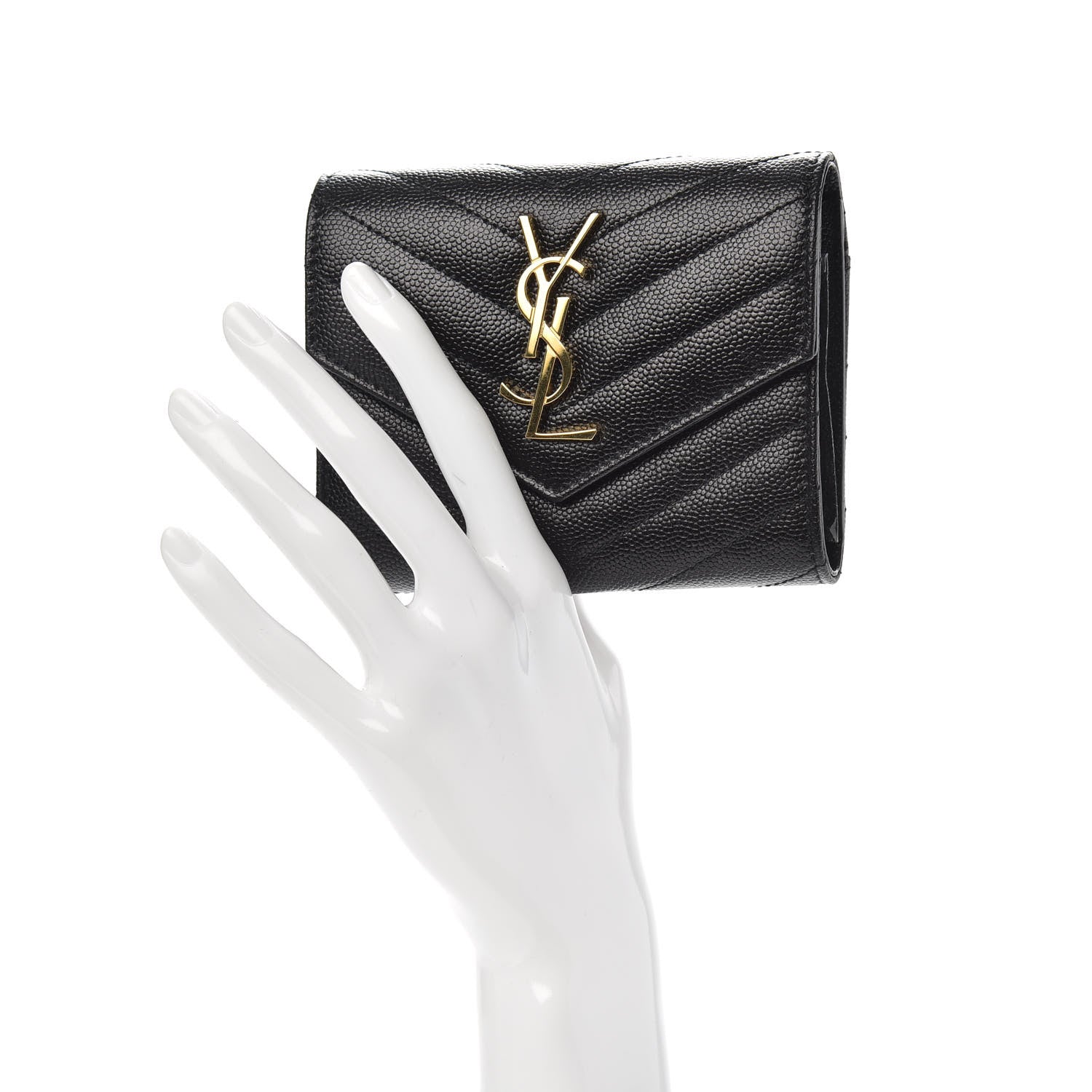Saint Laurent Grain De Poudre Matelasse Chevron Monogram Compact Tri Fold Wallet Black 2 of 7