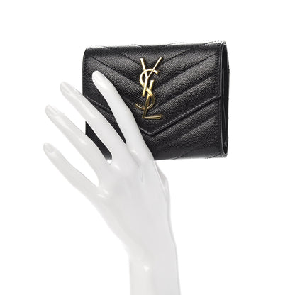 Saint Laurent Grain De Poudre Matelasse Chevron Monogram Compact Tri Fold Wallet Black 2 of 7