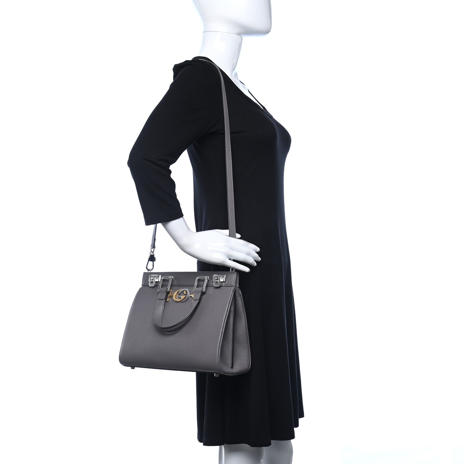 Gucci Grainy Calfskin Small Zumi Top Handle Bag Dusty Grey 3 of 9